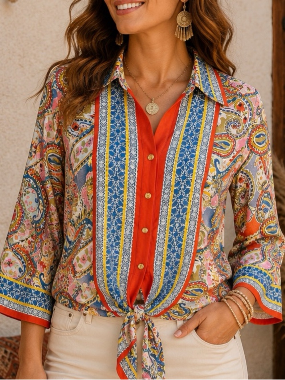 a Floral & Ivy Multicolor Paisley Print Tie-Waist Blouse small